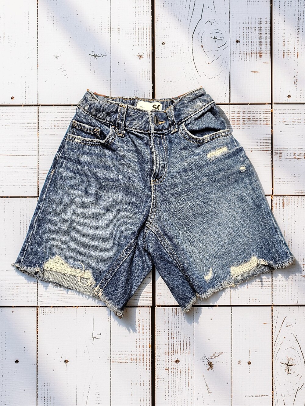 SO Distressed Light Blue Denim Bermuda Shorts. Size 8. Excellent Condition!